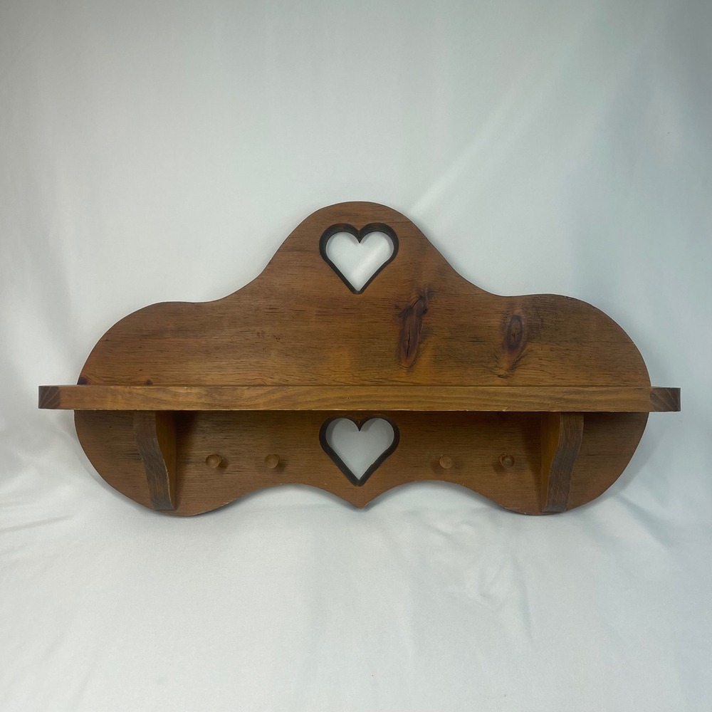 Vintage Wooden Wall Shelf Heart Cutouts 4 Pegs Rustic Farmhouse Brown 20in
